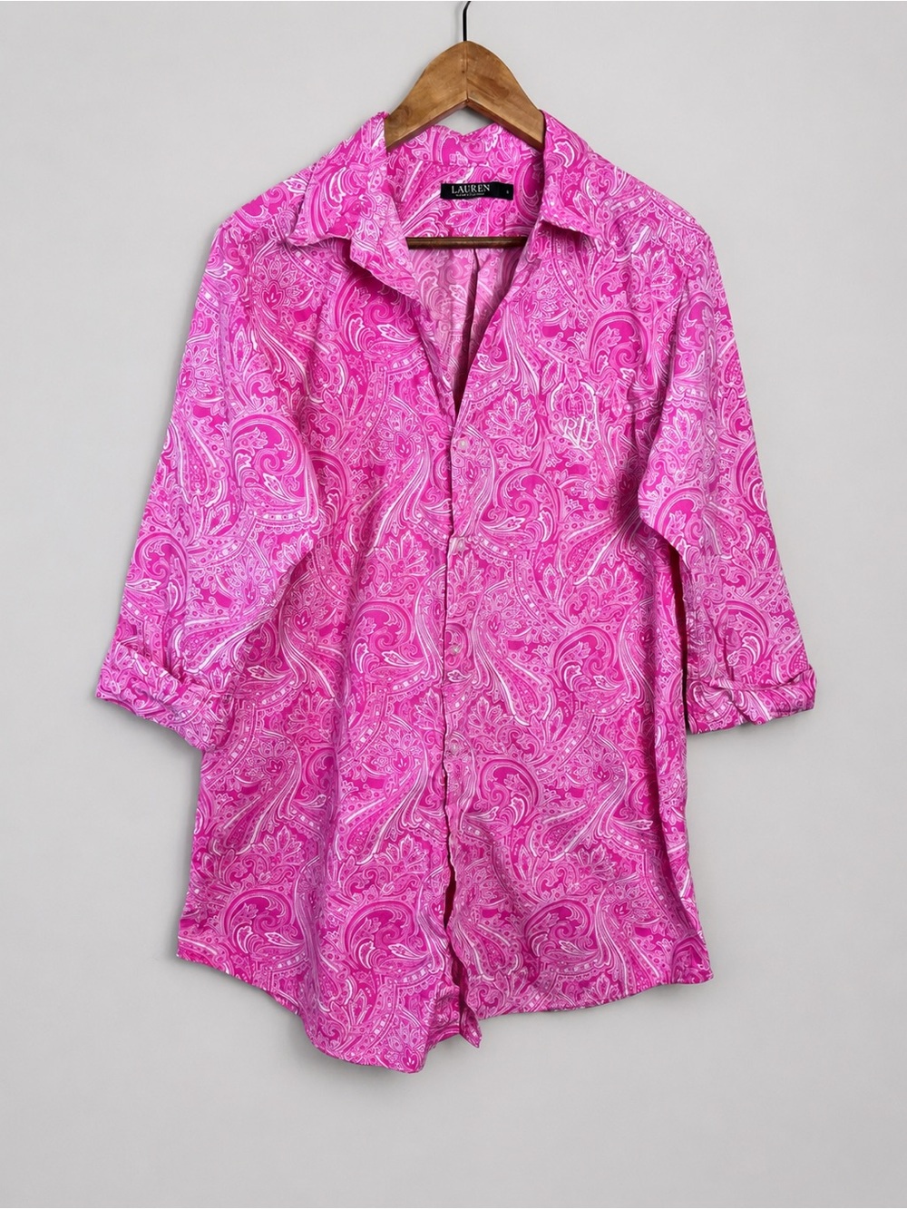 Lauren Ralph Lauren Womens L Pink Paisley Monogram 3/4 Sleeve Cotton Sleep Shirt